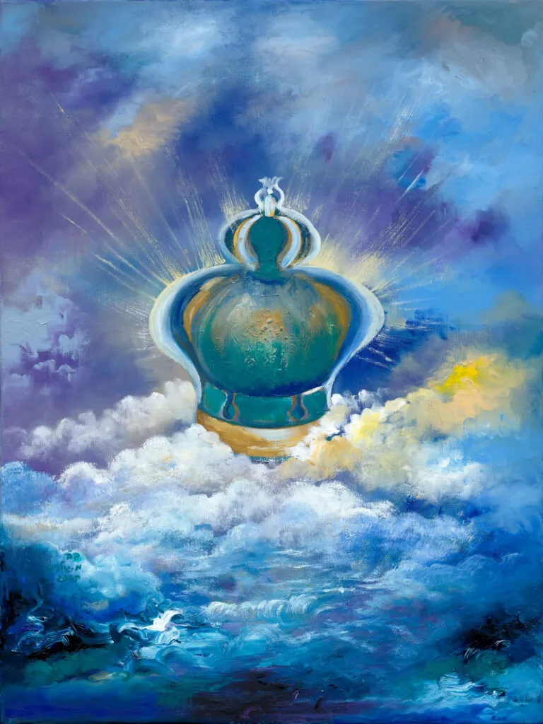 גלו את הזוהר הרוחני - כתר התורה הקדוש במעמדות השמיים! ציור מרהיב המשלב אמנות לרוחניות יהודית עמוקה